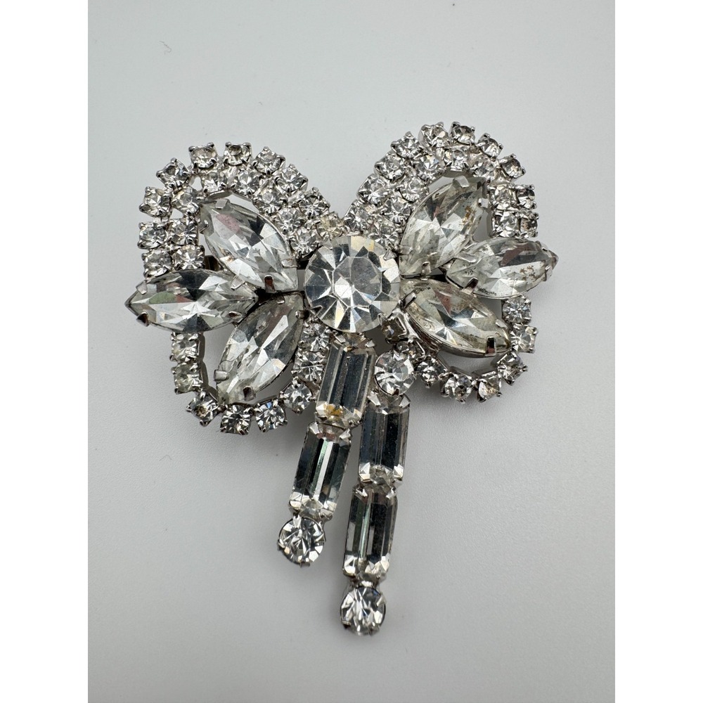 Vintage Bow Brooch Rhinestone Clear Silver Tone